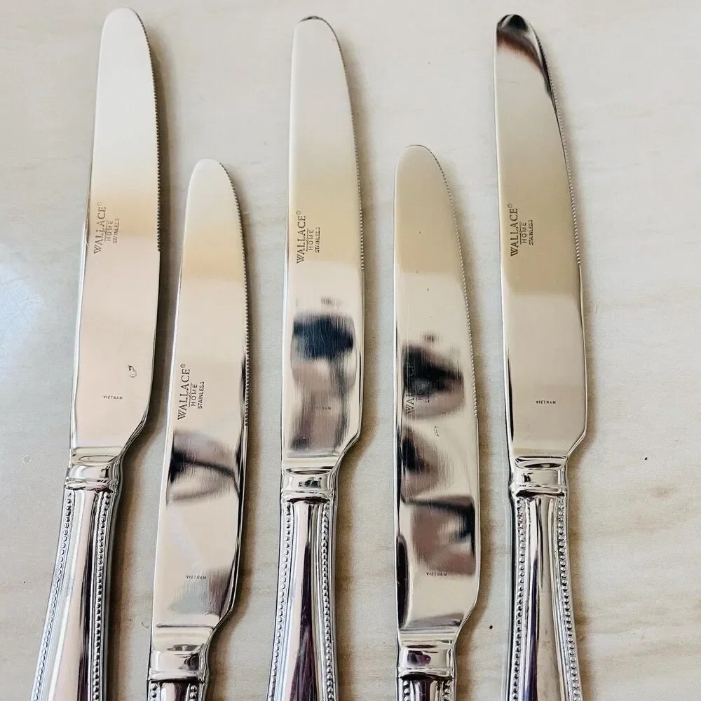 5pc WALLACE Newcastle Dinner Knife 9 1/2” Stainless Glossy Bead Outline RoundTip